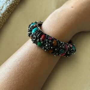Handmade colorful crystal embellished silver bangle